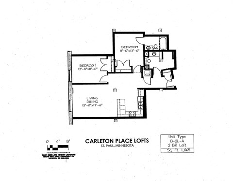 Floor plan for 2 beds, 1 bath, 1065 sqft